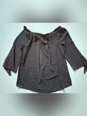 Vantarsi NWT Chambray Navy orange  Top Split Tie Sleeve Blouse Stretch Sz M